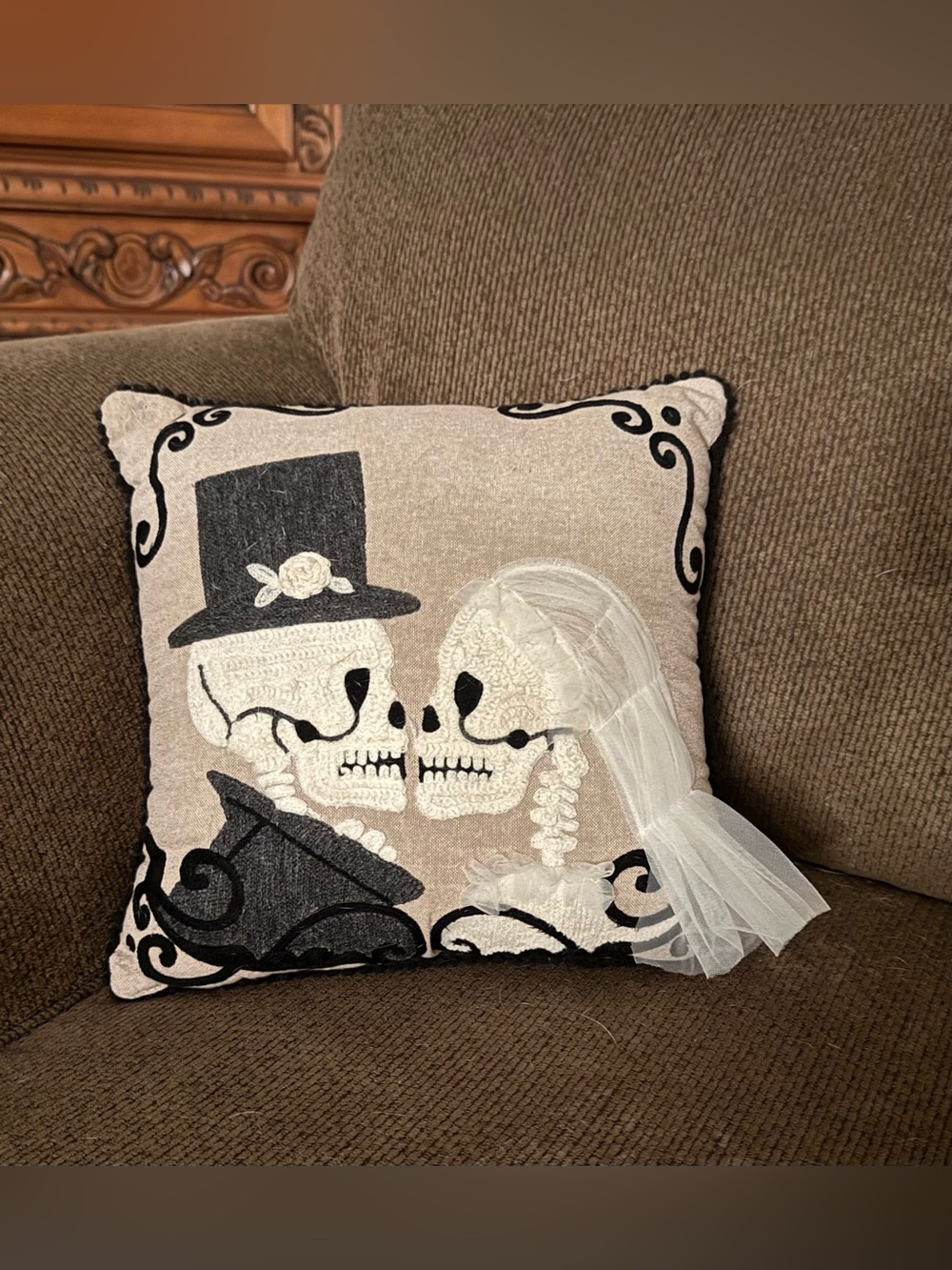 Embroidered Skeleton Bride & Groom Halloween Pillow 12x12 Day of the Dead